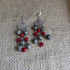 Silver and red chandelier earrings